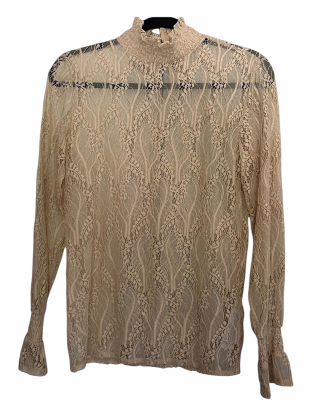 b.young Beige Sheer Lace Mock Neck Blouse Flared Cuff Small